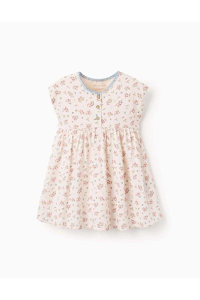 Ziddy Floral Cotton Dress for Baby Girls, Beige