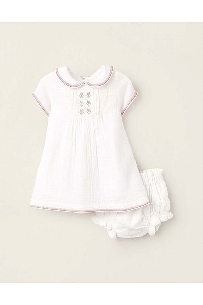Ziddy Dress + Bloomers for Newborn Girls, White