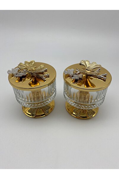 Fiyakalı Ürünler Atölyesi Gold Elysia 2-Piece Bowl - Glass Magnolia, Butterfly Lid Ice Cream and Sugar Bowl