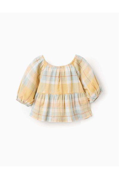 Ziddy Top with Check and Puffed Sleeves for Girls 'B&S', Yellow