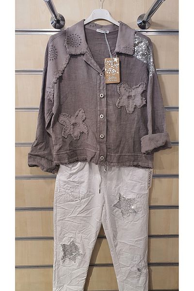Park Moda Linen Jacket with Flower Motif and Pattern Detail