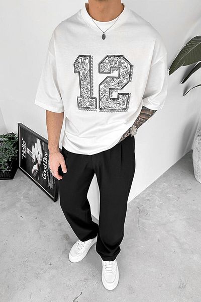 HAFKAGİYİM Λευκό Ethnic Κεντημένο Oversize T-Shirt