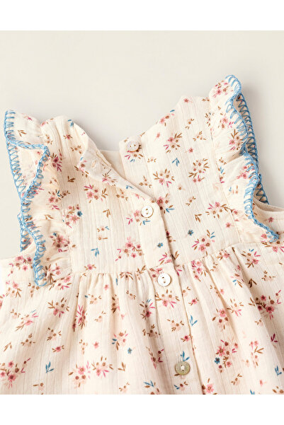 Ziddy Floral Dress + Bloomers Set for Newborn Girls, Beige/Blue