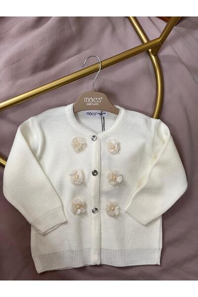 Butik Çicekli Kendinden Düğme Detaylı Kız Bebek Triko Hırka