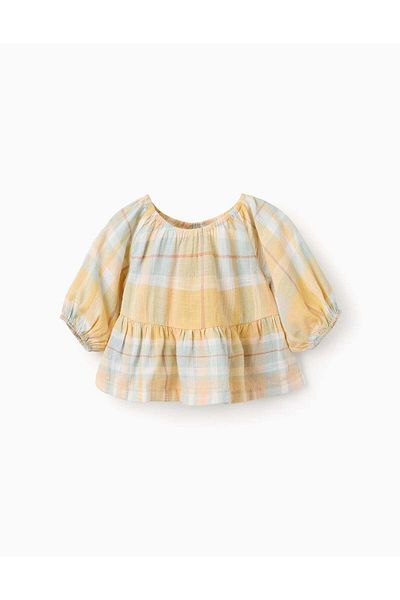 Ziddy Top with Check and Puffed Sleeves for Girls 'B&S', Yellow