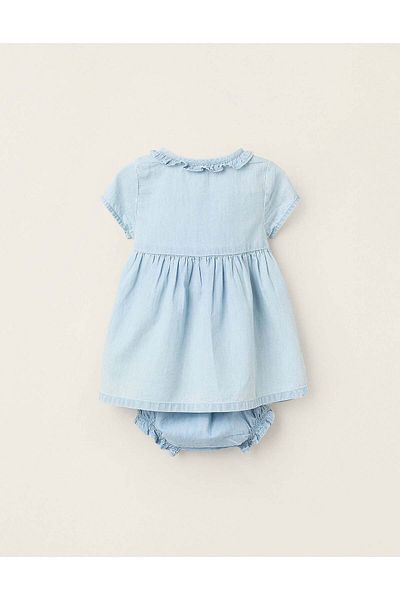 Ziddy Denim Dress + Bloomers with Cross-Stitch for Newborn Girls, Blue