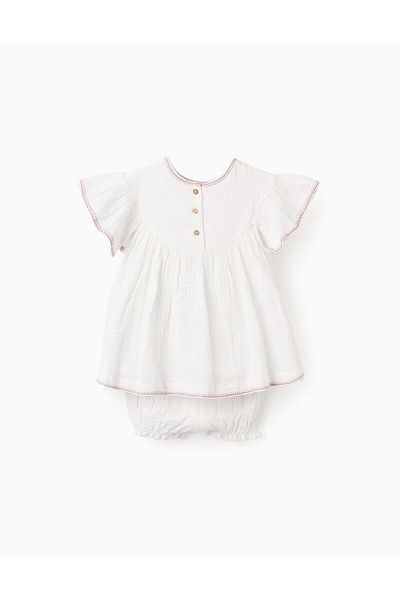 Ziddy Dress + Bloomers with Cross-Stitch for Baby Girls, White
