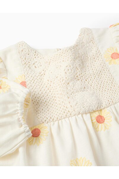 Ziddy Cotton and Linen Blouse with Flowers and Crochet for Girls, White