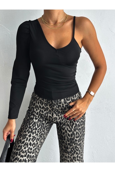 QUTTA Γυναικεία μαύρη μπλούζα από ύφασμα κατάδυσης με μονό μανίκι