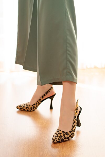 DİVOLYA Elanor Leopard Black Side Buckle (8 cm) Pointed Toe Heeled Shoes