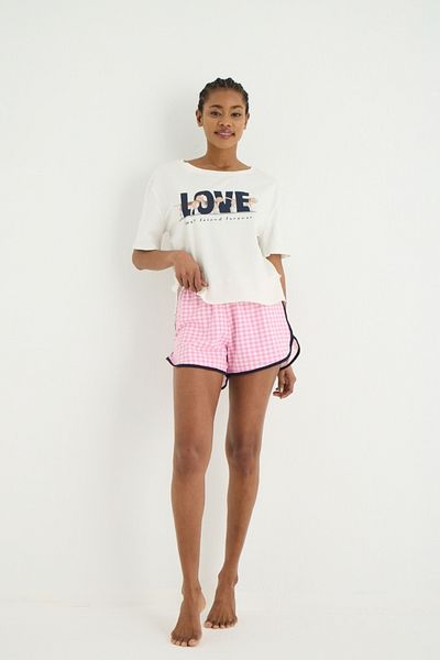 İPEKTENİM Gingham Waist Elastic Detailed Printed Shorts Pajama Set