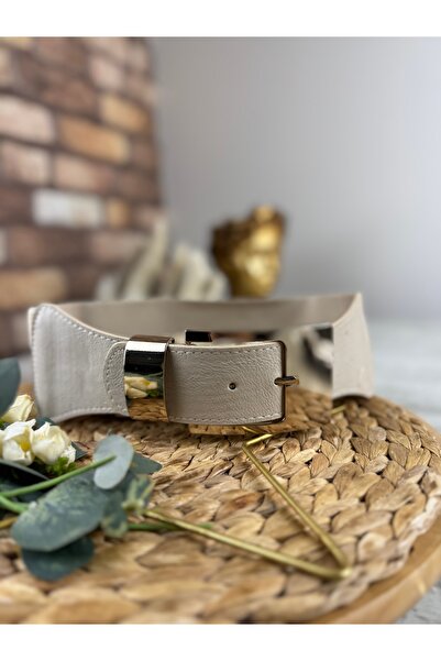 SEDEF TAKI Kalın Krem kemer gold tokalı