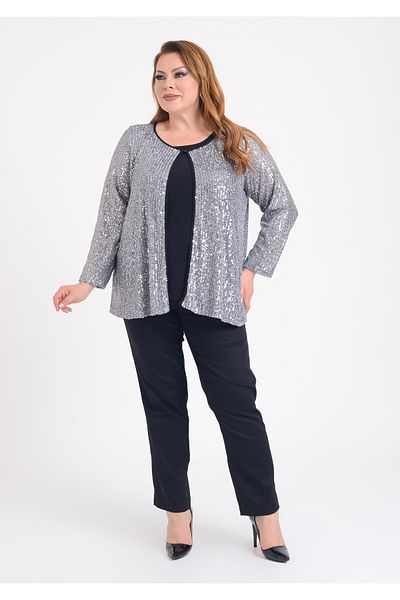 LİLAS XXL Silver Colored Plus Size DouBle Set - Sequined EveninG Dress Blouse