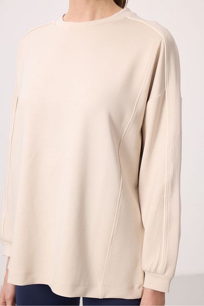 TOMMY LIFE Beige Soft Textured O Neck Oversize Women's Tunic Sweatshirt - 97303