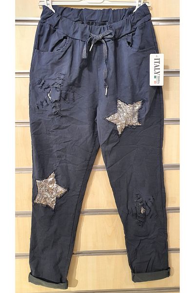 Park Moda Italian Trousers Star Pattern Sequin Embroidered