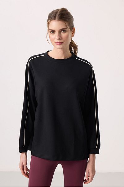 TOMMY LIFE Black Soft Textured O Neck Oversize Women's Tunic Sweatshirt - 97303