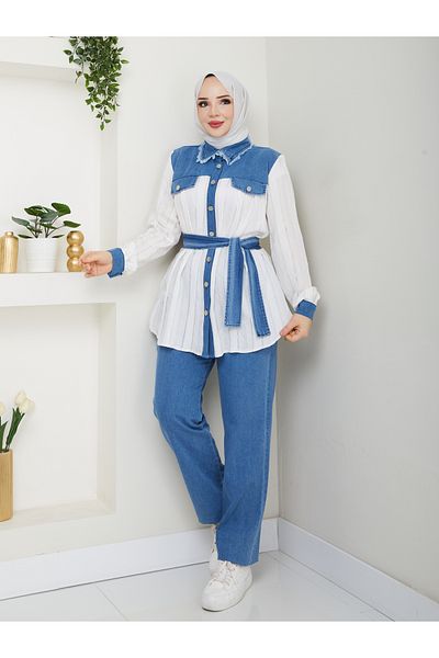 MODAMERSİ Women's Ecru Blue Jeans Detailed Shirt Pants Double Set