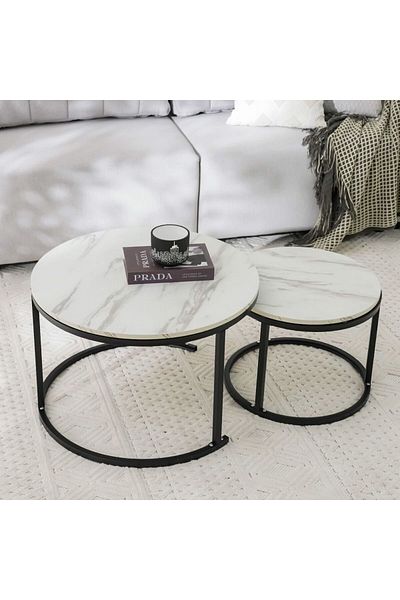 Danube Home طاولة قهوة سابين، قطعتان، الطول 70 سم × العرض 70 سم × الارتفاع 45.5 سم، 50 سم × 50 سم × 38.5 سم - أبيض