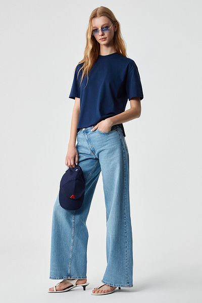 GRIMELANGE Remsos Women's Oversize Crew Neck Short Sleeve Navy Blue T-Shirt