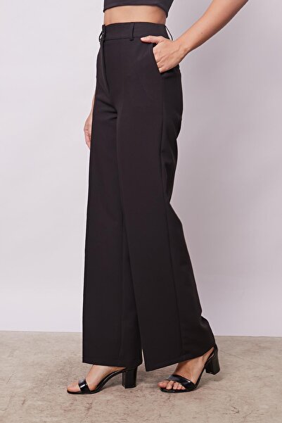Jument Yüksek Bel Yan Cepli Bol Paça Palazzo Pantolon -Siyah