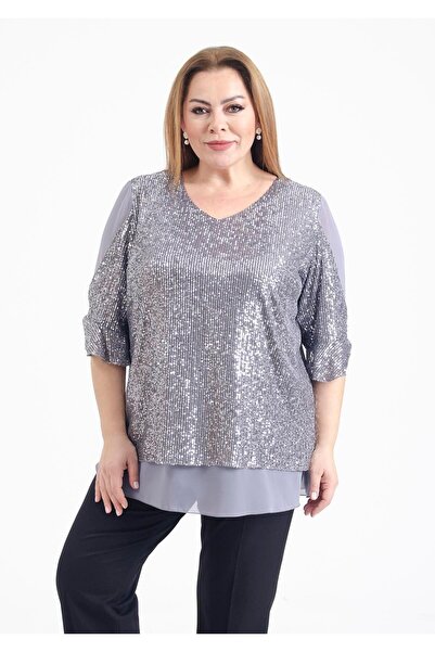 LİLAS XXL Büyük Beden Gri Renkli Pul Payetli Şifon Bluz