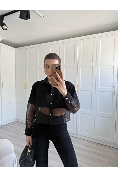 CKBUTİK Siyah Kalp Düğmeli Organze Gömlek