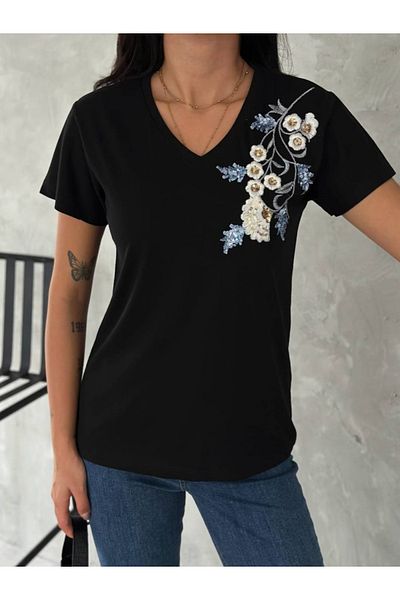 Birru Butik Women's V-Neck 100% Cotton Sequin Flower Embroidered T-Shirt