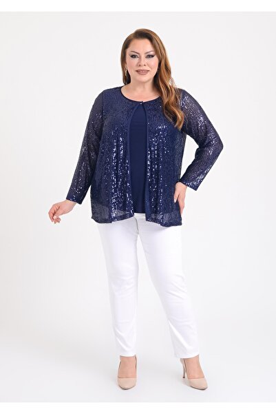 LİLAS XXL Büyük Beden Lacivert Renkli pul payetli İkili Takım Abiye Bluz
