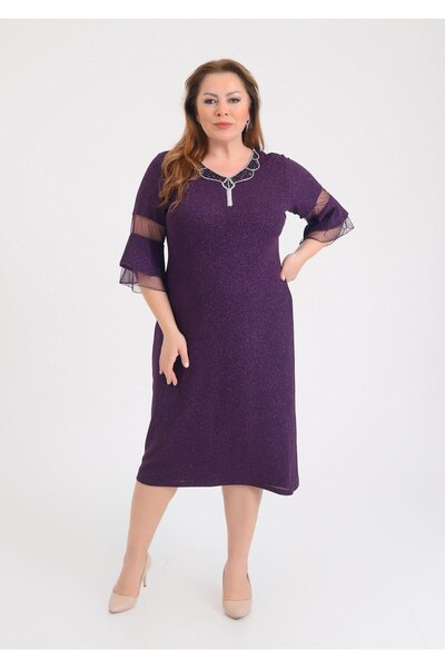 LİLAS XXL Büyük Beden Mürdüm Renkli Likralı Simli V Yaka Abiye Elbise