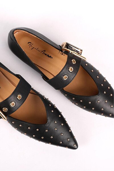 Hayati Arman Women's Genuine Leather Stone Detailed Top Strap Ballerinas Black