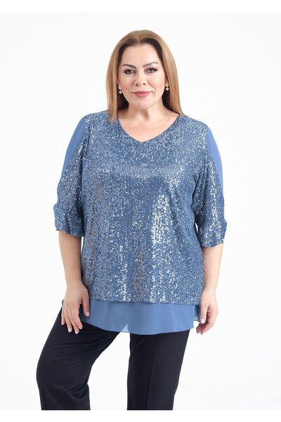 LİLAS XXL Büyük Beden İndigo Renkli Pul Payetli Şifon Bluz