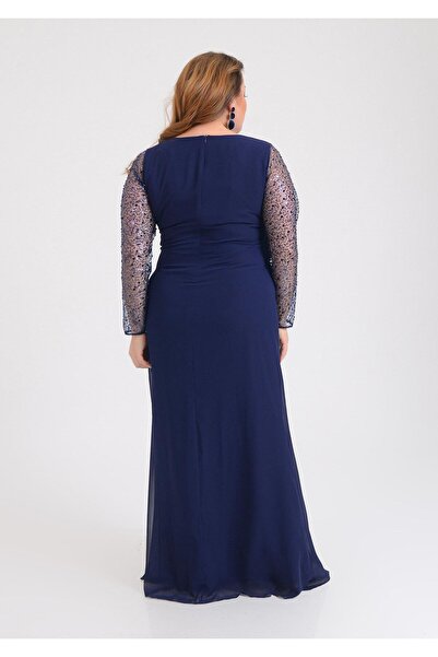 LİLAS XXL Plus Size Navy Blue Colored Chiffon Long Evening Dress