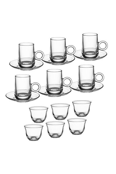 Dania 18-piece clear glass tea set consisting of 6 tea cups + 6 tea saucers + 6 Saudi coffee cups