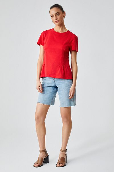GRIMELANGE Jessia Women's Corset Detailed 100% Organic Cotton Crew Neck Red T-Shirt