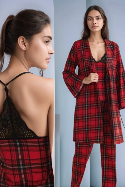 Soweto Red, Black Plaid 3-Piece Combed Cotton Set - Pajama Set, Dressing Gown