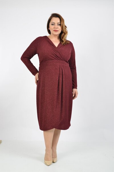 LİLAS XXL Büyük Beden Bordo Renkli Kruvaze Yaka Likralı Simli Abiye Elbise