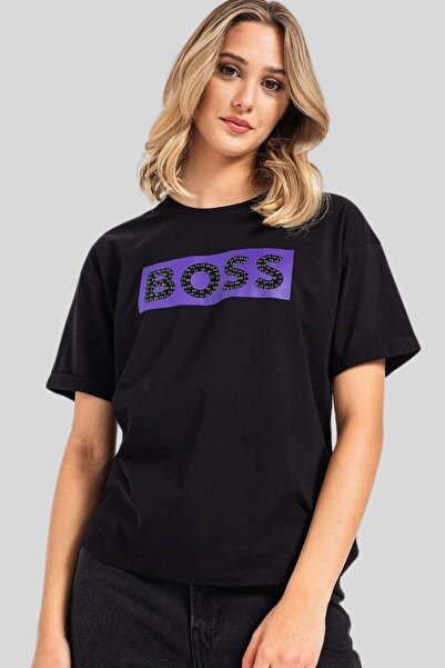 Hugo Boss Logolu Pamuklu Kadın T-shirt Siyah