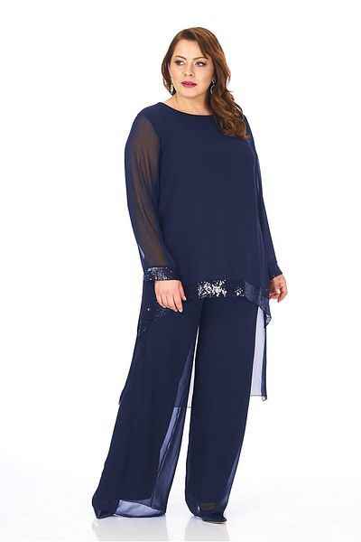 LİLAS XXL Set de bluză cu pantaloni de seară din șifon de culoare bleumarin de mărime mare