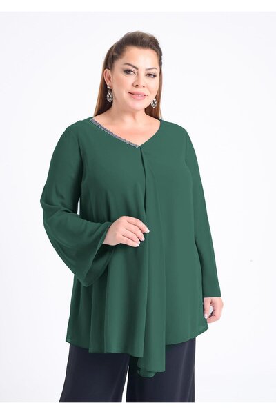 LİLAS XXL Büyük Beden Yeşil Renkli  Şifon  Abiye Bluz
