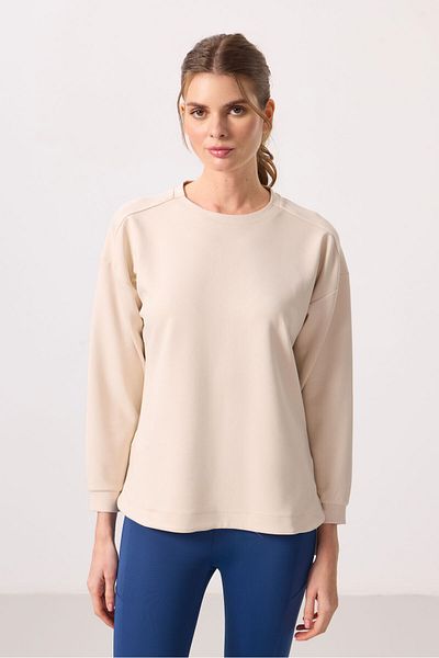 TOMMY LIFE Beige Soft Textured O Neck Comfortable Form Women's Tunic Sweatshirt - 97305