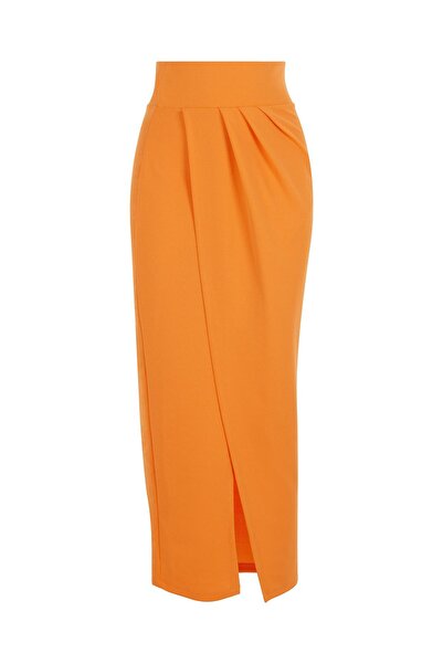 Eda Erdoğan Turuncu Kruvaze Yırtmaçlı Midi Etek