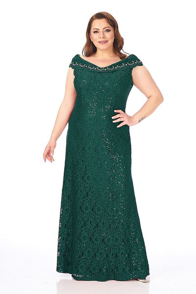 LİLAS XXL Large Size Green Colored Lace Large Size Evening Dress