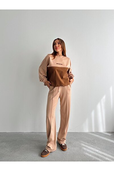 Maldia Shop Kadın Paraşüt Detay Sweat Pantolon Vizon Modal Takım