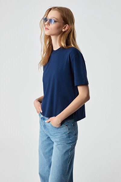 GRIMELANGE Remsos Women's Oversize Crew Neck Short Sleeve Navy Blue T-Shirt