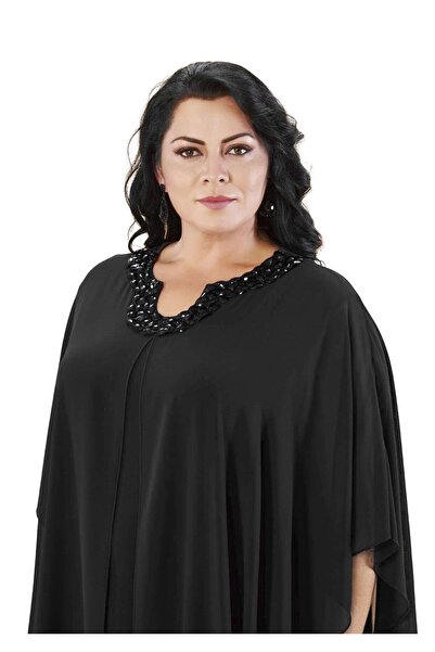LİLAS XXL Plus Size Black Colored Short Chiffon Evening Dress