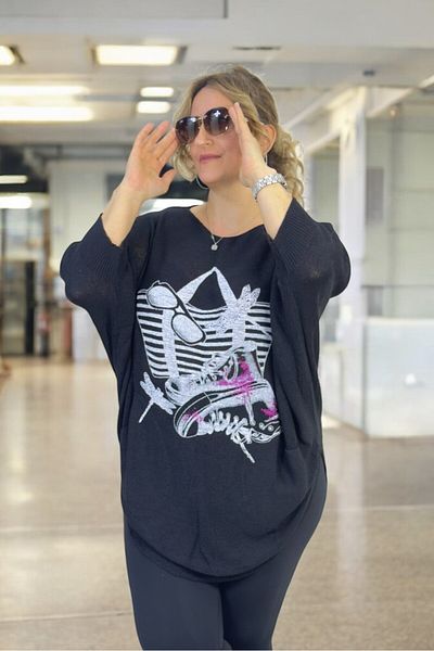 yagmurberen Bag with Patterned Boat Neck Pocket Oval Cut Oversized Italayn Mercerized Blouse Sweater