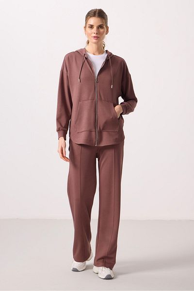 TOMMY LIFE Brown Soft Textured Hooded Oversize Women's Tunic Sweatshirt - 97302