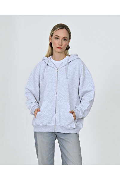BEC'S Kadın Karmelanj Kapüşonlu Metal Fermuarlı Basic Pamuklu Oversize Sweats...