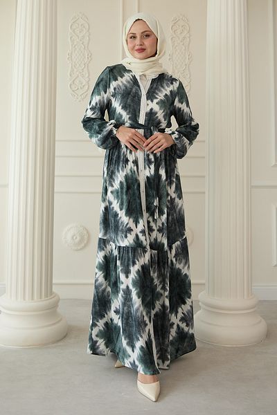 InStyle Μπουτονιέρα Μπροστινό Μπουτονιέρα Μαρμάρινο Χακί Φόρεμα Βισκόζης