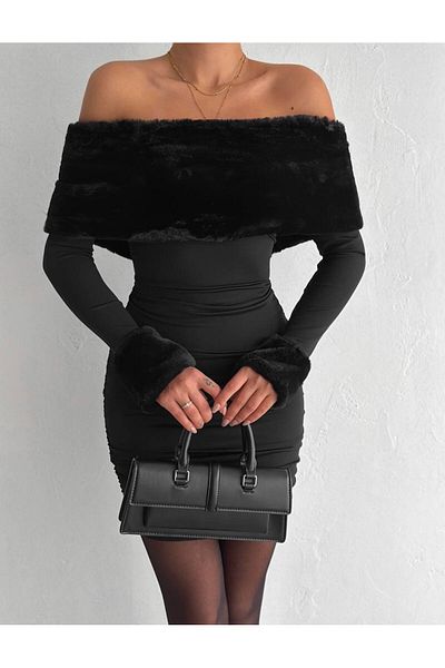 QUTTA Women's Black Madonna Collar Fur Detailed Dress